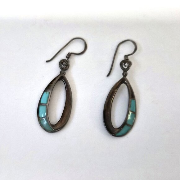 VTG Sterling Silver Turquoise Inlay Dangle Earrings – Southwestern Oval Boho - Picture 2 of 5